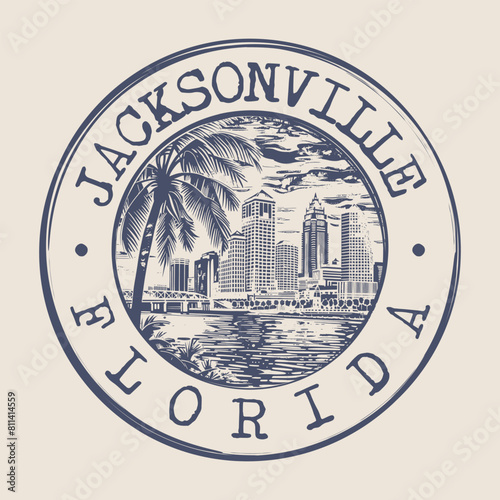 Jacksonville, Florida Stamp City Postmark. Silhouette Postal Passport. Round Vector Icon. Vintage Postage Design.	
