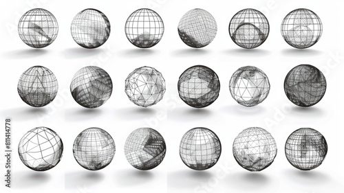 3D spheres grids. Globe meshes, ball in various position. Striped 3D orbs, earth globe grid linear wireframe vector line symbol isolated set 3D avatars set vector icon, white background