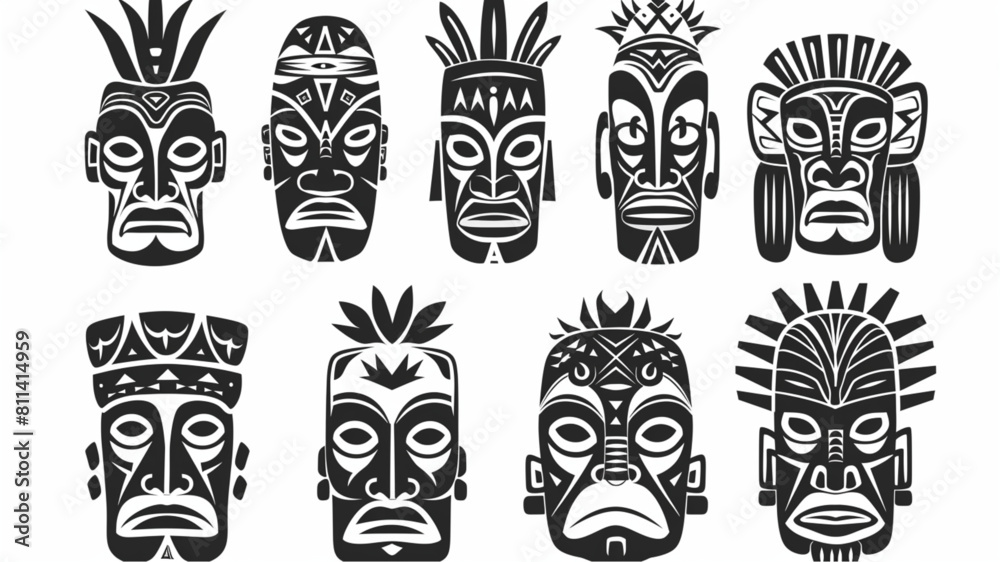 Tiki masks. Hawaiian totem god, tribal polynesian idol. Aztec or african outline black ethnic scary face mask. Isolated silhouette tattoo 3D avatars set vector icon