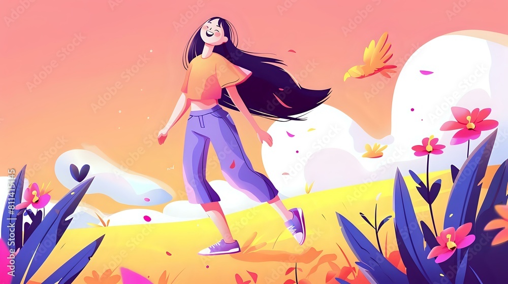Happy woman walking in nature with birds chirping merrily Happy woman walking in nature with birds chirping merrily