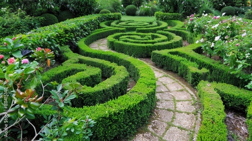 A hedge trimmed like a puzzle maze, creating a labyrinthine garden path