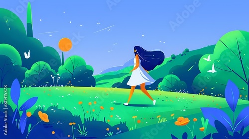 Carefree woman walking in nature with blooming flowers