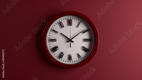 wall-clock on a Maroon wall, Maroon background. 3d rendering.