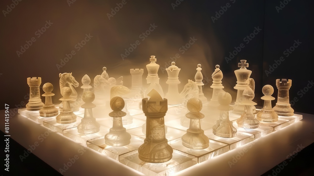 A mesmerizing play of light and shadow on a luminous chessboard, inviting players to delve into a world of strategy and intrigue A mesmerizing play of light and shadow on a luminous chessboard, inviting players to delve into a world of strategy and intrigue