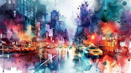 A set of watercolor of a bustling cityscape at dusk  with lights twinkling and traffic blurring past  Clipart isolated with a white background