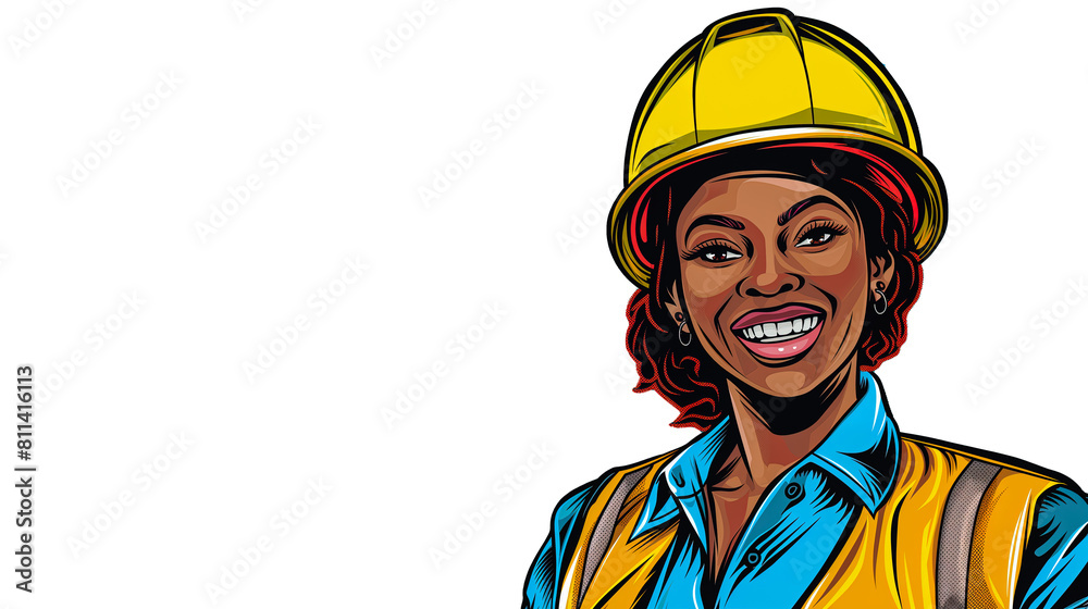 Smiling African American woman construction worker wearing a yellow helmet and blue shirt, vector illustration, white background
