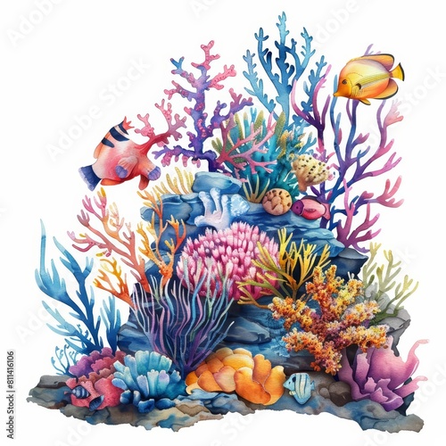 A set of watercolor of a vibrant coral reef teeming with colorful marine life  showcasing biodiversity under the sea  Clipart isolated minimal with white background