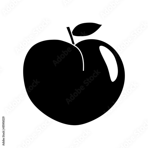 Black silhouette of ripe peach fruit with leaf, fruit glyph icon flat vector