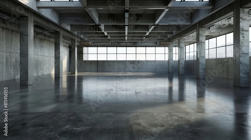 A stark and industrial atmosphere created by the concrete floor