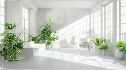 Minimal living room with indoor plants. Bright authentic home interior with plants. Home gardening and biophilic design Sunlight fills the spacious  airy rooms