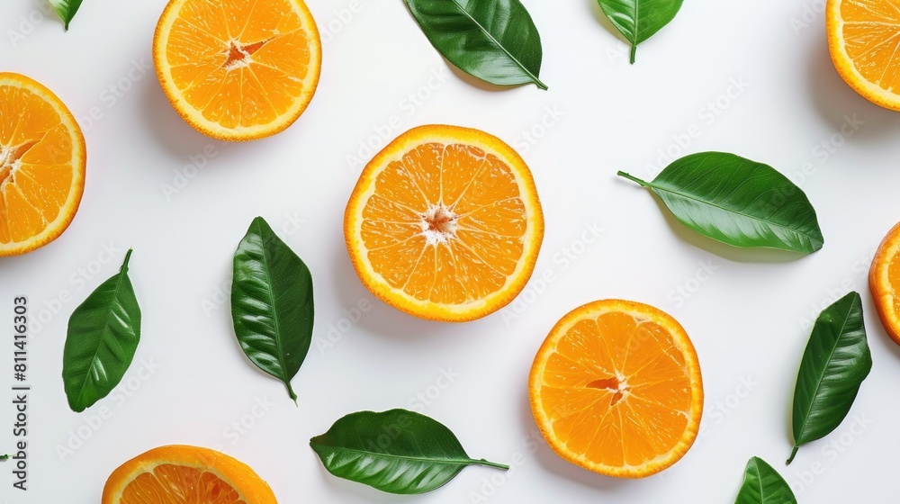 Sliced orange with green leaves on white background Sliced orange with green leaves on white background