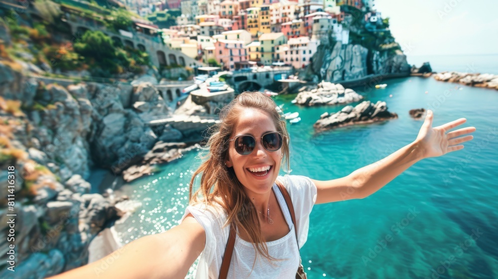 Obraz premium Happy Woman Selfie at Picturesque Seaside Town