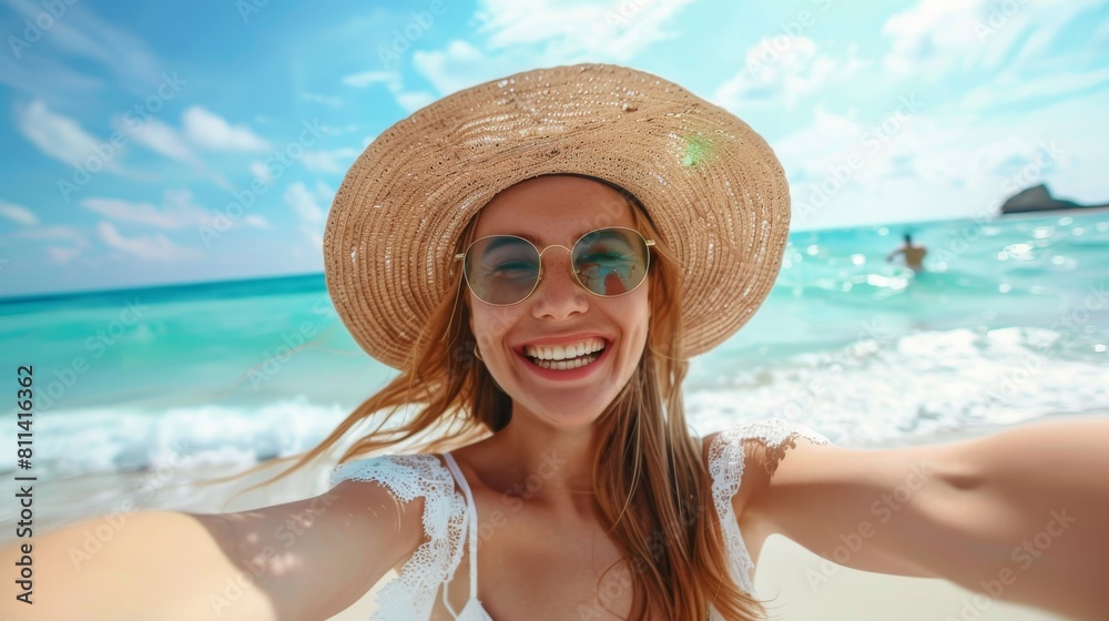 Happy Young Woman Selfie at Beach Happy Young Woman Selfie at Beach