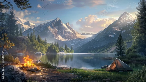 Create a serene and captivating scene of a tranquil lake and majestic mountains. Depict a cozy tent and a blazing campfire, inviting you to escape into the tranquility of nature