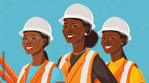 vector illustration of three smiling Black women construction workers, wearing white hard hats and orange safety vests, on a blue background,