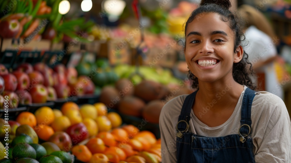 Smiling Woman Working in Grocery Produce Section Smiling Woman Working in Grocery Produce Section