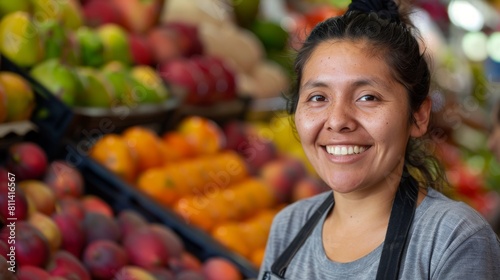 Smiling Woman Working in Grocery Produce Section