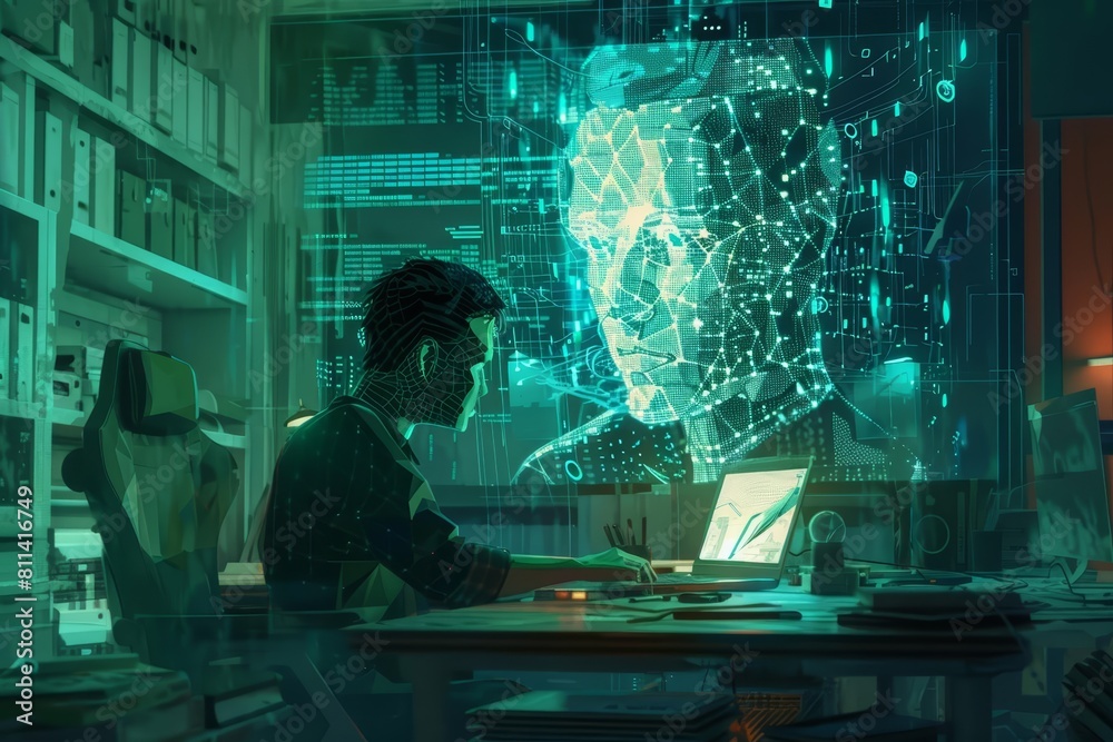 The scene shows a hacker at a desk, with their back to us, working on a laptop as a mesmerizing digital polygonal AI hologram illuminates the room