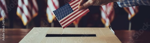 The patriotic USA flag symbol prominently displayed on a voting paper being placed into a ballot voting box by a hand photo
