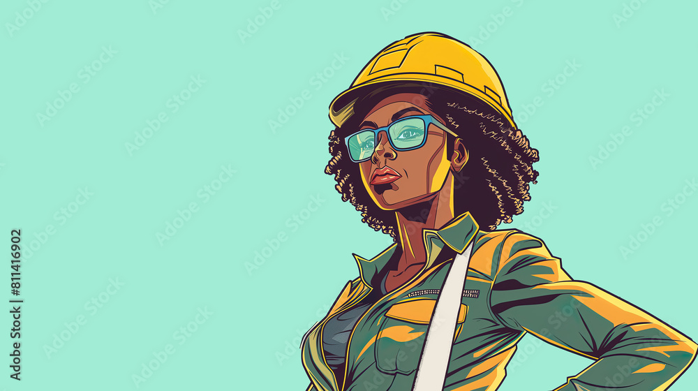 black woman wearing an open jacket, yellow helmet and blue glasses is working on construction site in green color palette black woman wearing an open jacket, yellow helmet and blue glasses is working on construction site in green color palette