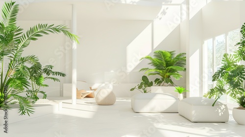 Minimal living room with indoor plants. Bright authentic home interior with plants. Home gardening and biophilic design Sunlight fills the spacious  airy rooms