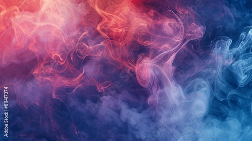 Mesmerizing swirls of red, blue, and purple smoke dance across a canvas of fog, creating a captivating and vibrant background