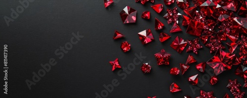 A collection of red starshaped jewels scattered artfully on a sleek black background, highlighting their vibrant color and intricate facets photo