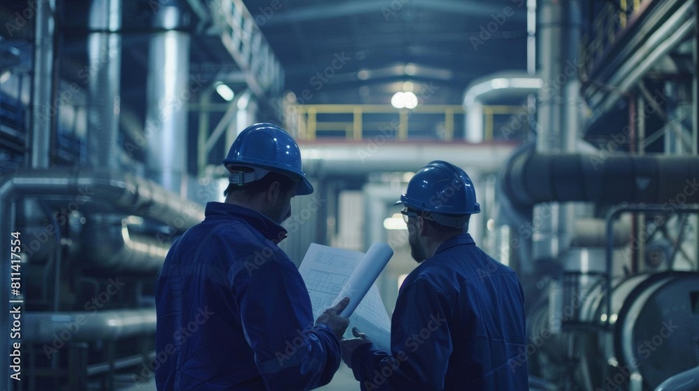 Engineers in helmets discussing over a blueprint in a noisy industrial plant, air ducts and machinery in the background