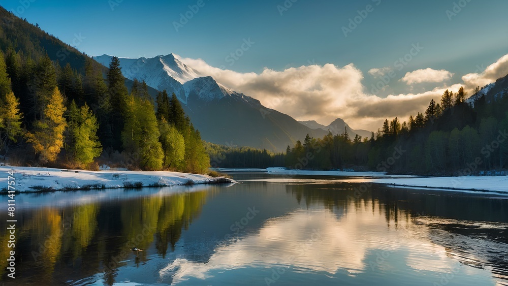 A serene natural landscape where the dawn's golden sunlight filters through verdant foliage, with majestic snow-capped mountains and a tranquil river reflecting the vibrant life and purity of nature.