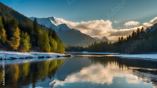 A serene natural landscape where the dawn's golden sunlight filters through verdant foliage, with majestic snow-capped mountains and a tranquil river reflecting the vibrant life and purity of nature.