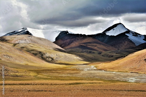 Spectacular view taken during the ascent from Karzok at Tso Moriri lake to the mountain pass Yalung Nyau La, 5430 m (Tso Moriri - Tso Kar trekking, Ladakh, India) photo