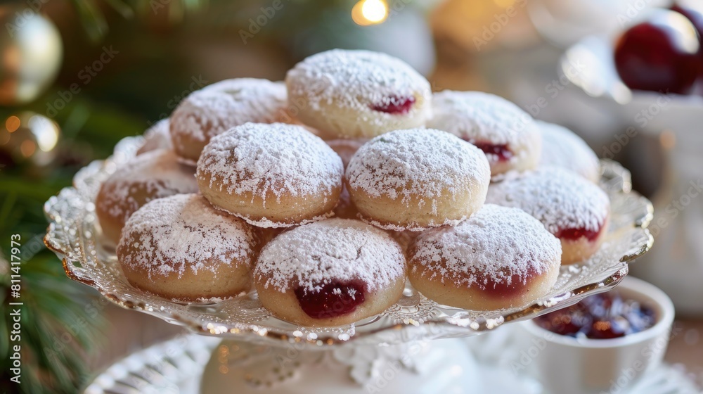 Fruit jam filled cookies coated with powdered sugar