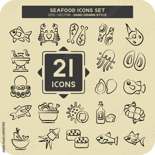Icon Set Seafood. related to Holiday symbol. hand drawn style. simple design illustration