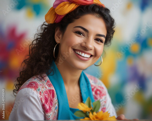 portrait Smiling  young woman in a traditional costume in a studio