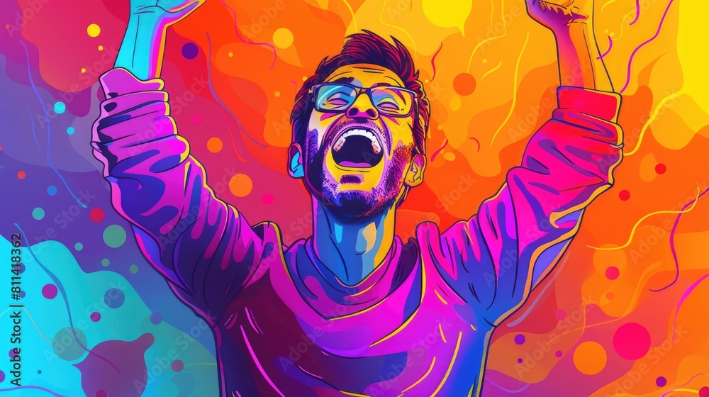 Excited man cartoon depicted in a vibrant gradient line drawing Excited man cartoon depicted in a vibrant gradient line drawing