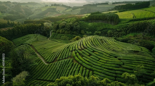 View from above of the Cha Gorreana tea plantation in Sao Miguel, Azores, Portugal captured by a drone