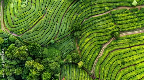 View from above of the Cha Gorreana tea plantation in Sao Miguel, Azores, Portugal captured by a drone