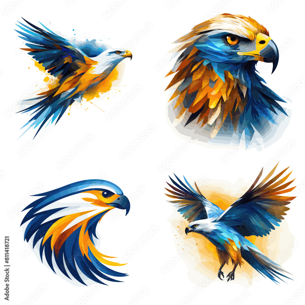 Fototapeta premium Vibrant eagle illustrations in watercolor and abstract styles, symbolizing strength, freedom, and power, ideal for branding, sports logos, tattoos, and artistic wildlife designs