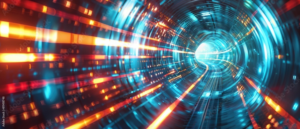 abstract futuristic background features a portal tunnel with turquoise, red, and gold glowing neon lights. abstract futuristic background features a portal tunnel with turquoise, red, and gold glowing neon lights.