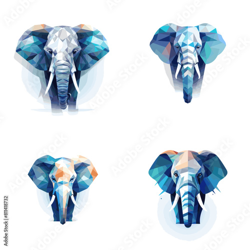 Geometric elephant illustrations in a modern low-poly style, featuring vibrant blue tones, perfect for branding, logos, wildlife conservation themes, and artistic digital designs.