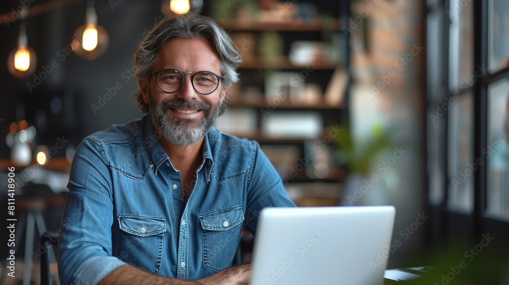 Obraz premium Man Sitting at Table Using Laptop Computer