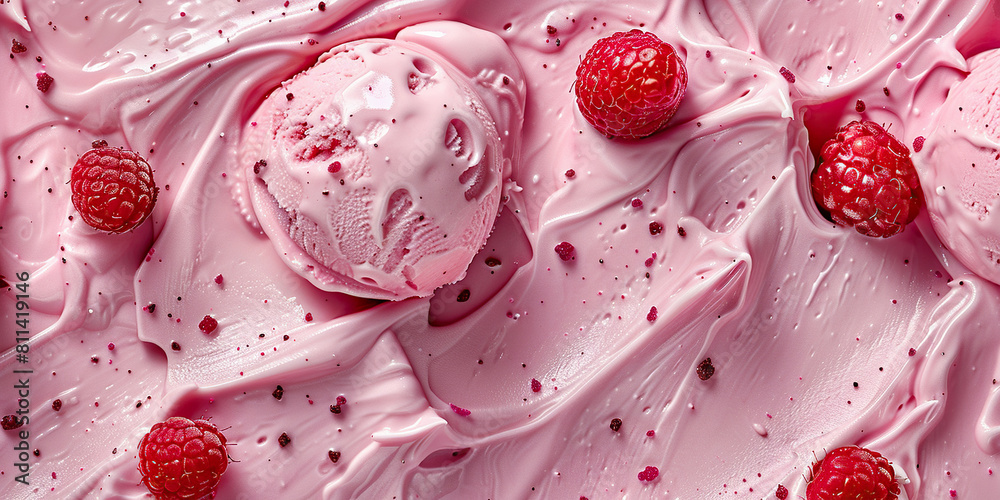 A detailed view of a pink cake topped with fresh raspberries, displaying a tempting texture and creamy background A detailed view of a pink cake topped with fresh raspberries, displaying a tempting texture and creamy background