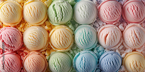 Close up of a variety of vibrant colored ice cream scoops neatly arranged in a box, showcasing their different flavors and textures