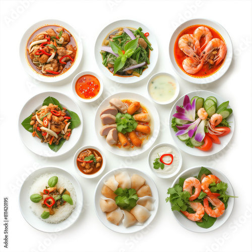A variety of Asian dishes are presented on a white table