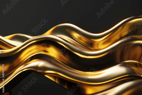 3d render of gold wavy liquid flowing on black background,