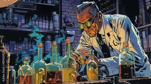 A comic strip of a scientist accidentally mixing up all the labels on his experiment bottles, leading to chaos photo