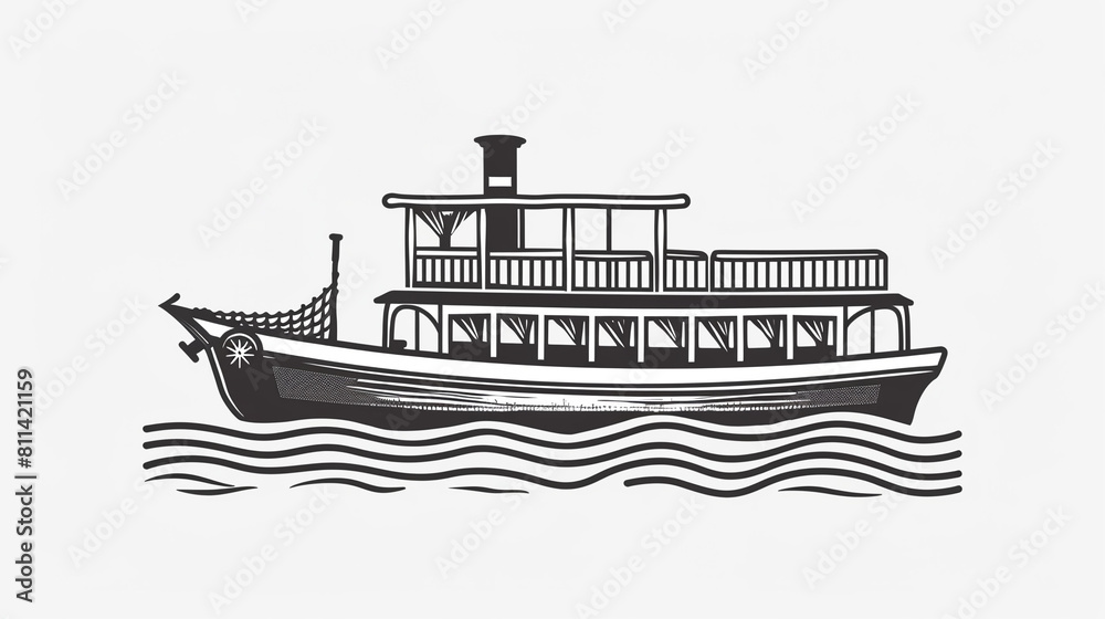 Simple black and white illustration of a river ship.
