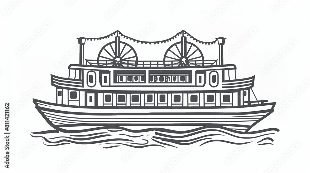 Simple black and white illustration of a river ship.