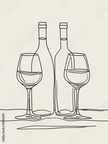 Illustration of a bottle of red wine and two glasses.