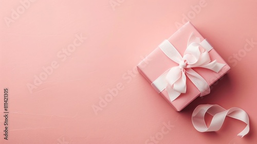 Gender reveal party concept, Top view photo of pink giftbox with white ribbon bow on isolated pastel pink background with copyspace © sania
